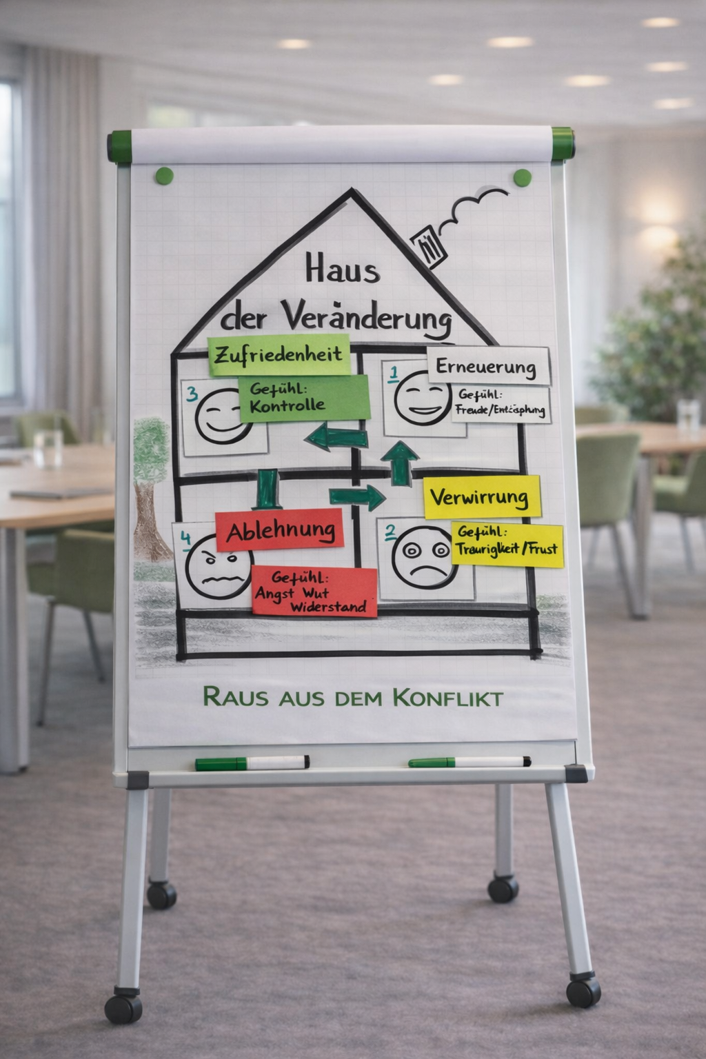Originales Haus der Veränderung Flipchart aus einem echten Führungskräftetraining – Göttingen Hannover Kassel