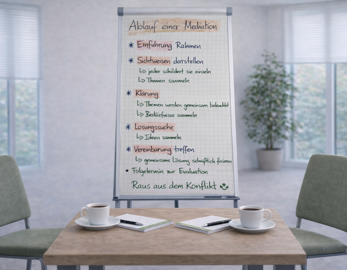 Originaler Ablauf-Flipchart aus einer echten Mediation – Raus aus dem Konflikt Göttingen Hannover Kassel