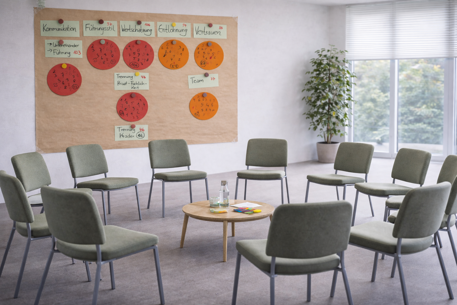 Stuhlkreis mit Pinnwand und Arbeitsergebnissen aus einer echten Unternehmensmediation – Göttingen Hannover Kassel
